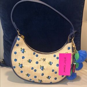 Blue Floral Embroidered Crescent Shoulder Bag